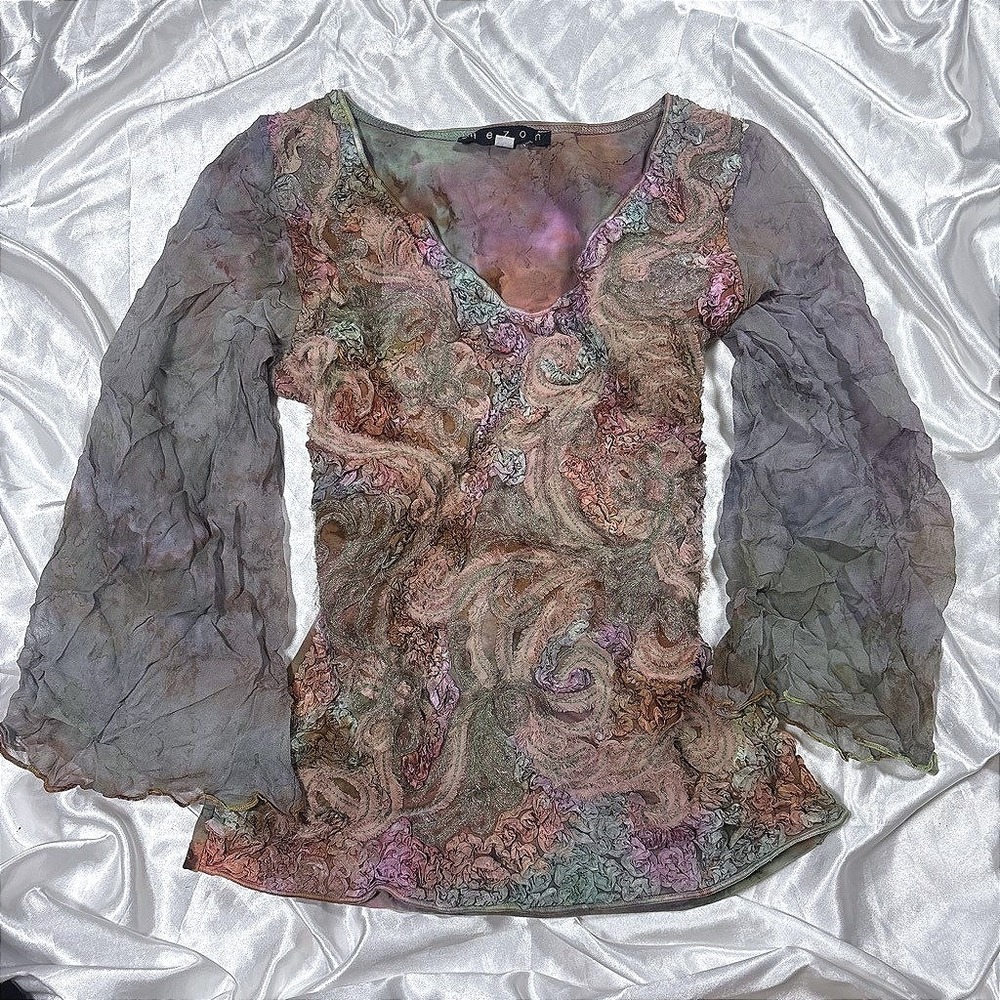 y2k Mezon Mesh Top Multicolor Ribbon Embroidery Bell Sleeve Blouse L